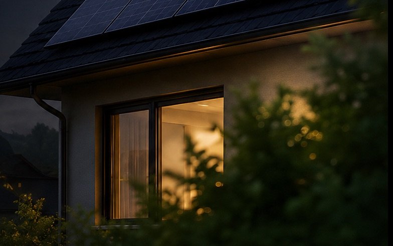 Woning met zonnepanelen in de avond