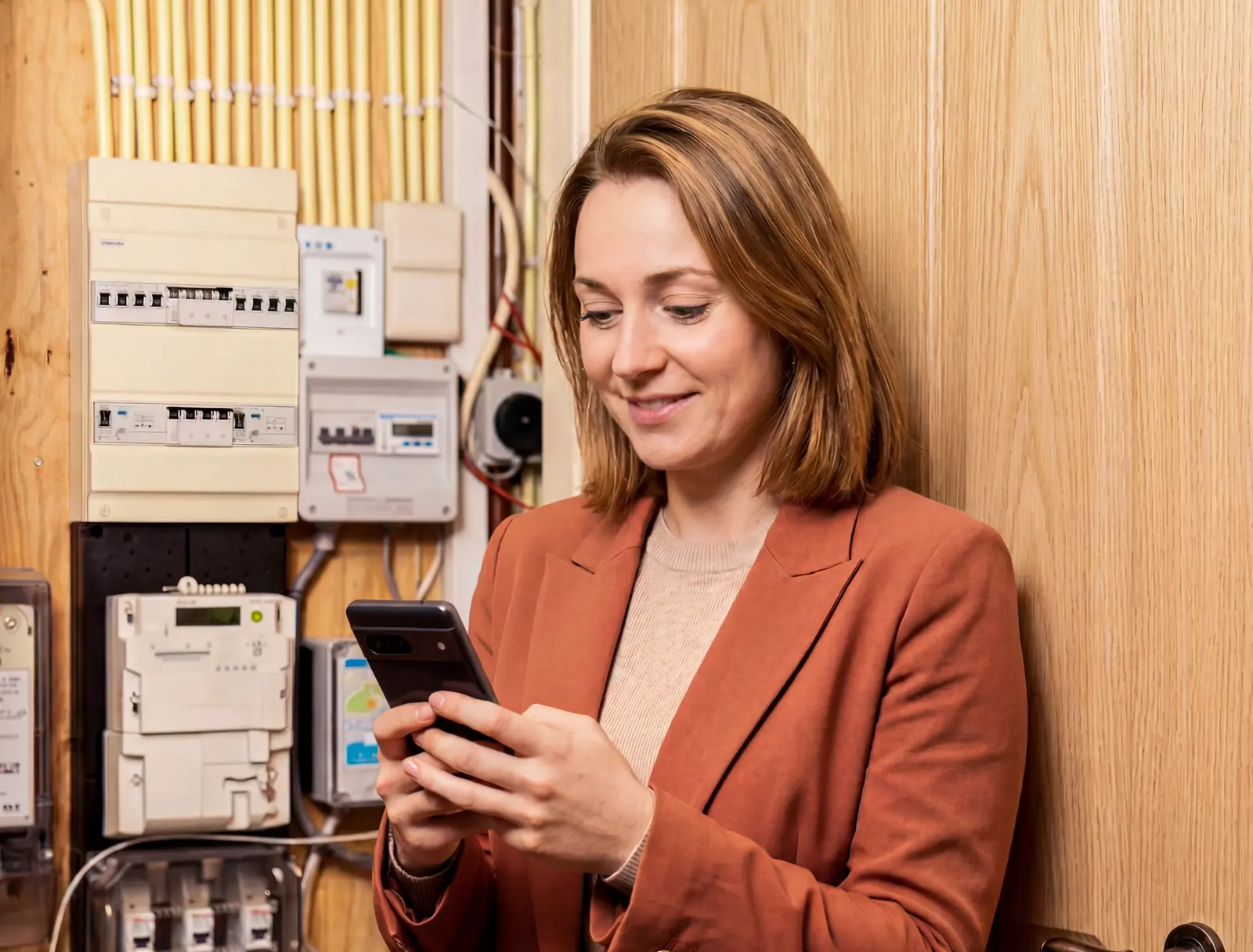 Een klant bekijkt in de app hoeveel zonnestroom haar thuisbatterij heeft opgeslagen