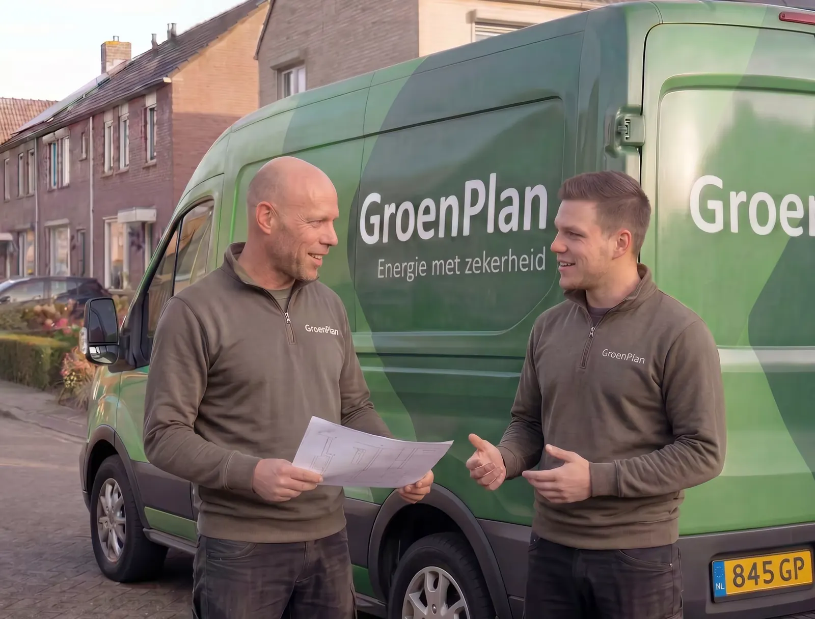 Twee monteurs van GroenPlan overleggen bij de groene GroenPlan-bus