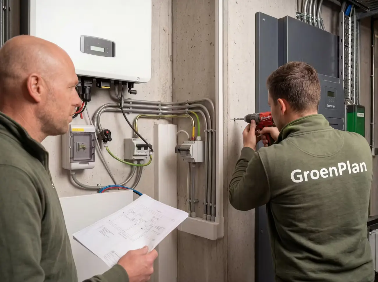 Twee monteurs van GroenPlan aan het werk bij een meterkast