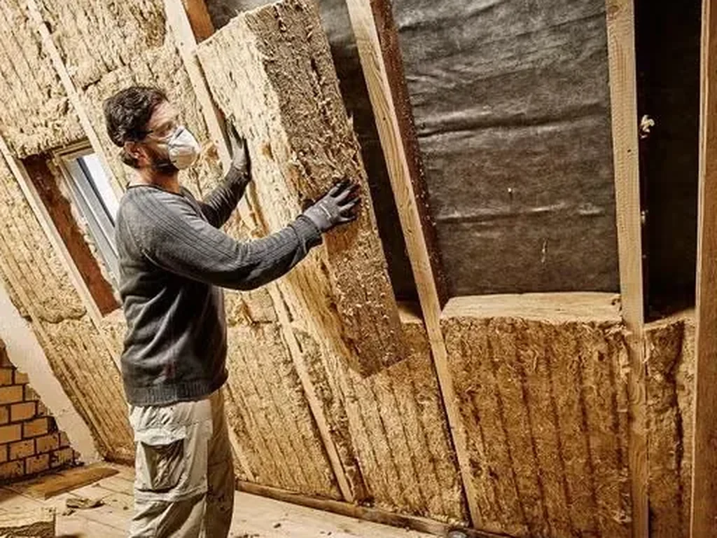 Een vakman plaatst isolatiedekens tegen de binnenkant van een muur